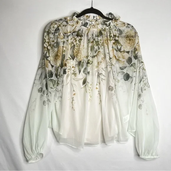 NWT Rachel Zoe Sheer Long Sleeve Blouse Ruffle Neck Floral Sz L Flowy Romantic - Picture 1 of 7